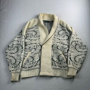 Saxony Vintage Knit Cardigan Leather Trim Shawl Collar Black White Women Large